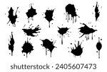 Set of Ink blots. Abstract stains with drops and splashes. Black paint splatter. Vector illustration isolated on a white background. Liquid dirty inkblots. Grunge texture. Design elements.