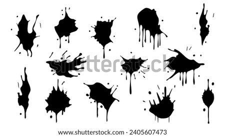 Set of Ink blots. Abstract stains with drops and splashes. Black paint splatter. Vector illustration isolated on a white background. Liquid dirty inkblots. Grunge texture. Design elements.