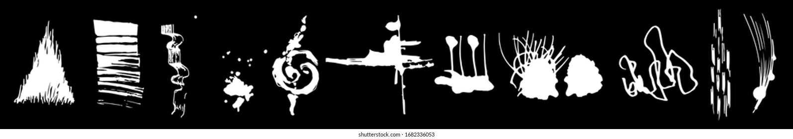 Set of ink blots and shapes. Abstract black and white shapes. Imprints, graphics. Horizontal format, inversion. Vector spots, clipart. Different elements for your design. Dynamic splash, stroked shape