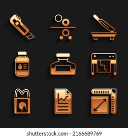 Set Ink Bottle, Document With Graph Chart, Paper Size, Plotter, Shopping Bag, Printer Ink, Cutter And Stationery Knife Icon. Vector