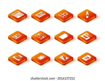 Indique el frasco de tinta, cubo de pintura, bolsa de compra de papel, percha, paisaje de imágenes, documento vacío, icono de la máquina de archivos y copias. Vector