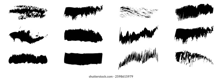 Set of Ink brush effect graphic collection. brush strokes, highlighters, rectangle grunge shapes for text. grunge effect shape symbol. Vector Illustration.
