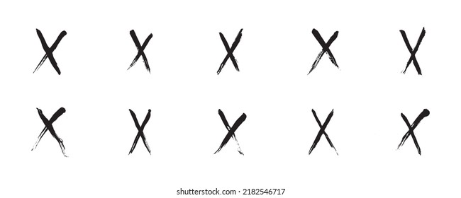 set of ink brush stroke in creative bundle. cross line in grunge vector illustration. the black paintbrushes collection for a hand drawn and design element. 