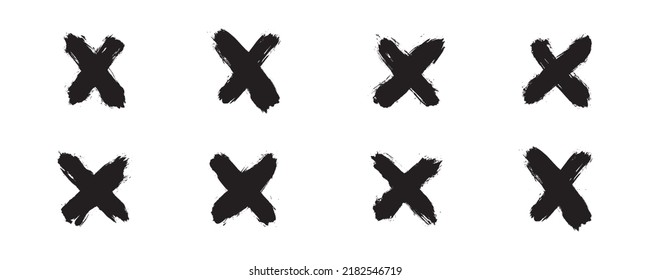 set of ink brush stroke in creative bundle. cross line in grunge vector illustration. the black paintbrushes collection for a hand drawn and design element. 