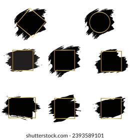 Set of Ink brush stroke frame, grunge paint stroke with gold frame