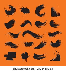 Set of Ink brush stroke silhouettes in various shapes and sizes