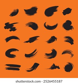 Set of Ink brush stroke silhouettes in various shapes and sizes