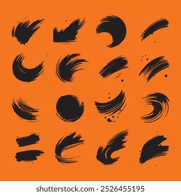 Set of Ink brush stroke silhouettes in various shapes and sizes