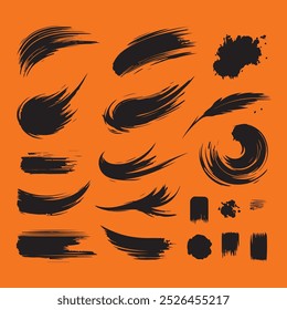 Set of Ink brush stroke silhouettes in various shapes and sizes