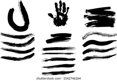 Set of ink brush strokes, black paint, brushes, lines, grungy. Isolated on white background. Freehand drawing.