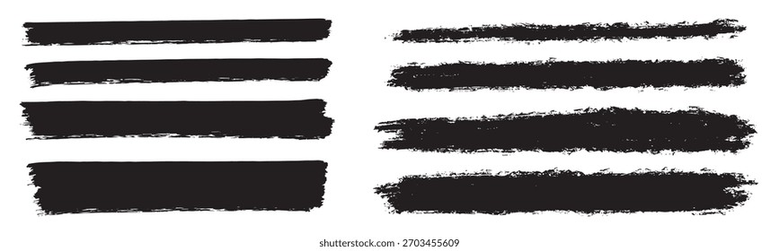 set ink brush strokes brushes lines black paint grungy hand-drawn graphic element isolated.
