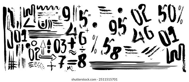 Satz von Pinselstrichen, Zahlen und Unterstrichen. Handgezeichnete Elemente für Grunge-Design. Vektorgrafik. Set von handgezeichneten Schnörkeln.