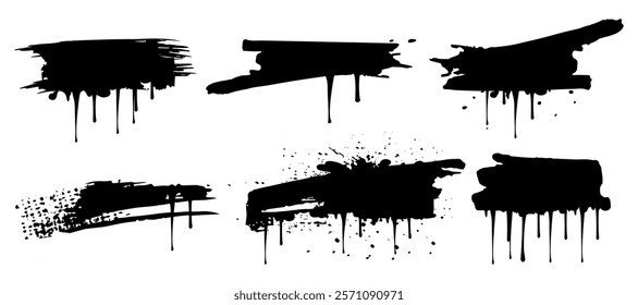 A set of ink brush strokes with smudges and splashes, spots, blots. Grunge textures. Elements for graffiti. Highlighted on a white background. Vector illustration.