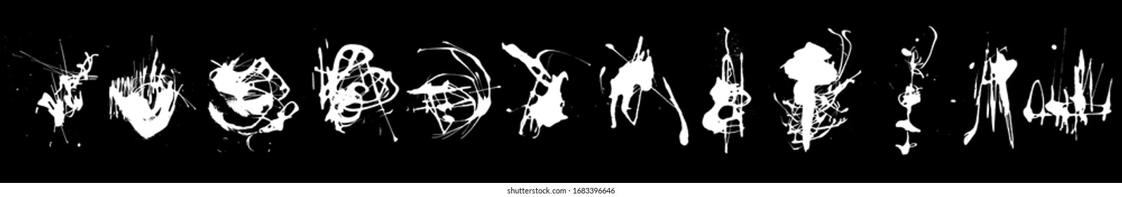 Set of ink calligraphy graphics elegant shapes. Abstract black and white imprint set. Horizontal format, inversion. Vector clipart. Dynamic splash. Background design for poster, cover, banner, placard