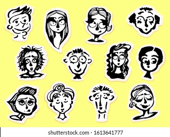Set of ink cartoon characters .Vector illustration silhouette isolated on yellow background. Stickers with expressions: happy, scared, nice,smile,funny.