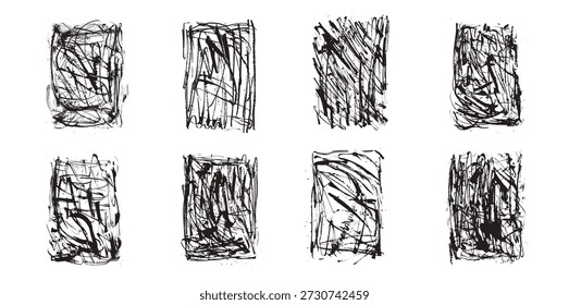Farbschraffurtexturen. Handgezeichnete Graffiti Gritty Abstrich Ornamente Sammlung. Vektorrechteck grunge Stadtmauer Straßenmuster einzeln auf transparentem Hintergrund. Skizze handgemachte BG Overlay.