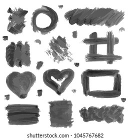 Set of ink decorative elements. Black frames and banners. Gray blots isolated on white background. Textures Doodle hand drawn. Vector illustration.