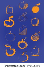 Set of ink design hand drawn apples. Blue background, yellow apples, vector.