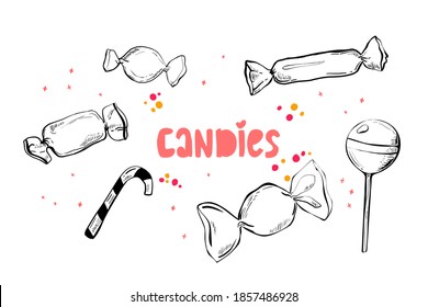 set of ink drawing candy. illustration in vintage engraved style. isolated on white background. vector hand drawing