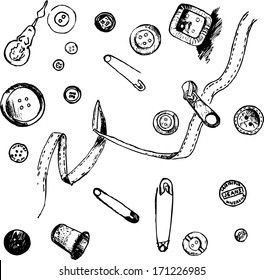 set of ink drawing needlework , hand drawn vector illustration