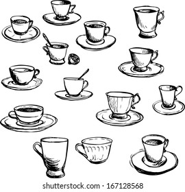 set of ink drawing teacups, vector illustration