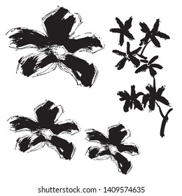  Set of ink drawing wild  flowers,grunge sketch style,  isolated floral graphic elements 