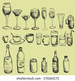 set of ink drawing wineglass, cup and bottles, vector illustration