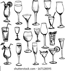 set of ink drawing wineglass, vector illustration