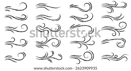 A set of ink drawn line winds. Air, wind motion, swirl in doodle illustration style. Charcoal pen drawn vector illustration