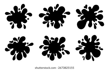 Set ink drop splash. Hand drawn sketch blot with dripping effect. Liquid paint splatter spot for grunge design. Isolated vector illustration.
