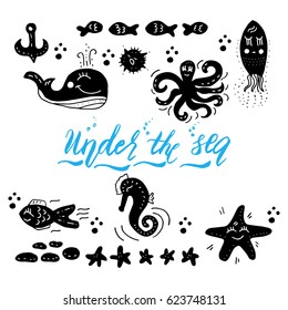 Set of ink dry brush textures and frames.Vector isolated elements.Hand drawn sea wavy motives. Custom handmade summer sea vacation drawings for your designs:t-shirts,bags,posters,invitations,cards,etc