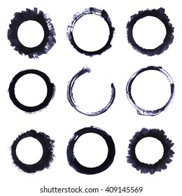 Set of ink grunge circles shape on white background vector illustration. Abstract stamps. Round brush circle