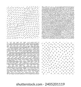 Set of ink hand drawn abstract seamless textures. Collection of four seamless pattern with scribbles, lines, semicircles and waves