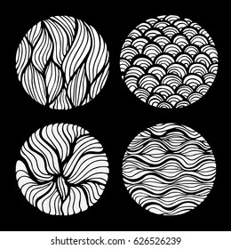 Set of ink hand drawn black doodle design elements. Vector set of abstract ink freehands round white circle art design on black background for your design, posters, prints, stickers