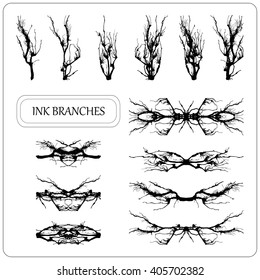 Set of ink hand drawn branches. Vector Ink trees illustration. Abstract background with set of stains and streaks of ink in the form of tree branches. Vector isolated black silhouette of a bare trees