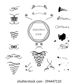 Set of ink hand drawn design elements. Curls, borders, splashes. 
Print, surface design, decorative elements. Invitation card, business card design. 