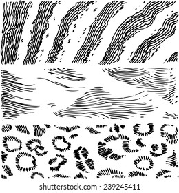 Set of ink hand drawn fur textures. Leopard, zebra, fox fur for design