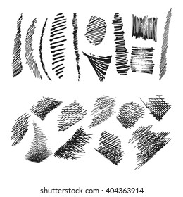 Set Of Ink Hand Drawn Hatch Texture. Collection Of Vector Ink Lines, Points, Hatching, Strokes. Isolated White Backgrounds.Thin Modern Line