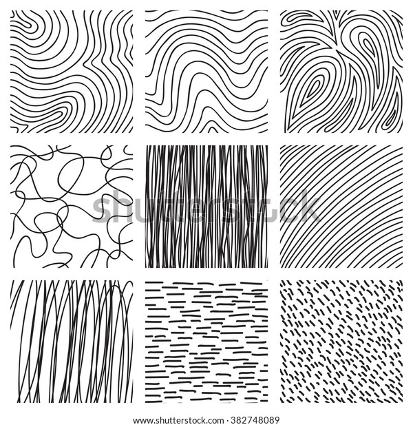 インク手描きのハッチングテクスチャのセット ベクターインク線 点 ハッチング 線のコレクション 抽象的な白黒の背景 のベクター画像素材 ロイヤリティフリー