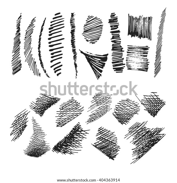 Set of ink hand drawn hatch texture. Collection of\
vector ink lines, points, hatching, strokes. Isolated white\
backgrounds.Thin modern\
line