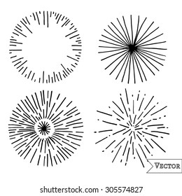 Set of ink hand drawn sunbursts. Round sunlight drawn by hand.