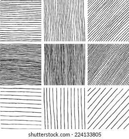 Set of ink hand drawn textures. Lines with different density and incline. Hatching drawn with pen. Abstract background. Vector design elements