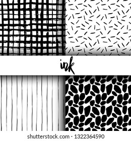 Set of Ink hand-drawn seamless patterns. Dots, shapes, lines and stokes