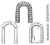 Set. Ink hand-drawn vector. Wooden. Glass door adorned with a stone arch. Entrance to a shop or restaurant. Antique exterior element. Closed entry. Wedding arch. An elegant addition to building design