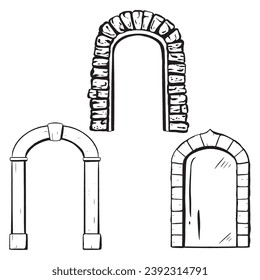 Set. Ink hand-drawn vector. Wooden. Glass door adorned with a stone arch. Entrance to a shop or restaurant. Antique exterior element. Closed entry. Wedding arch. An elegant addition to building design