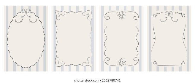 A set of ink hand-drawn vintage frames with bows and wavy lines. A template for wedding invitations, greeting posters, and cards. Minimalistic vector illustration.