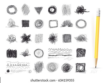 Set of ink lines of hand drawn textures, scribbles of pen. Freehand drawing. Vector illustration. Isolated on white background