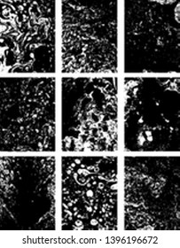 Set of Ink marbling textures. Abstract backgrounds Black and white. Hand drawn marble illustrations, ebru aqua paper and silk prints. Painting on water. Vector isolated on white background.