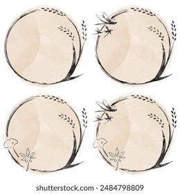 Set of ink painting style rice, dragonflies, autumn leaves, watercolor circular frame, hand painted