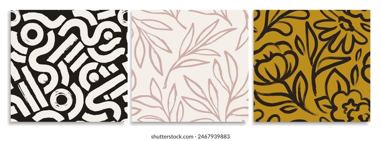 Set of Ink seamless patterns. Hand drawn repeating designs with geometric shapes, organic leaves silhouettes and natural floral ornament. Cartoon flat vector collection isolated on white background